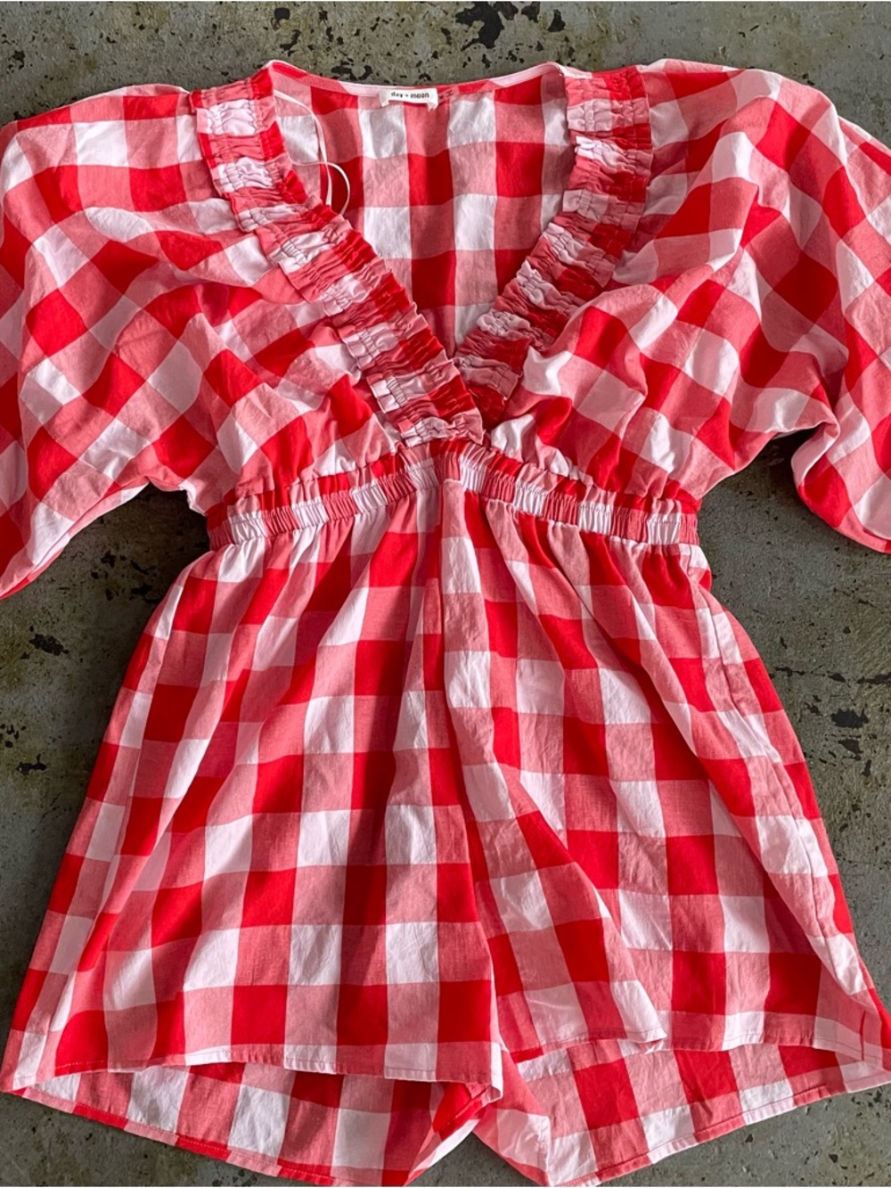 Day+Moon Red and White Gingham‎ Romper Jumpsuit with Puff Sleeves Size Medium